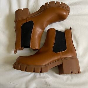 Madden Girl Women’s Tessa Chelsea Combat Boots in Tan Leather Flocking Outsole